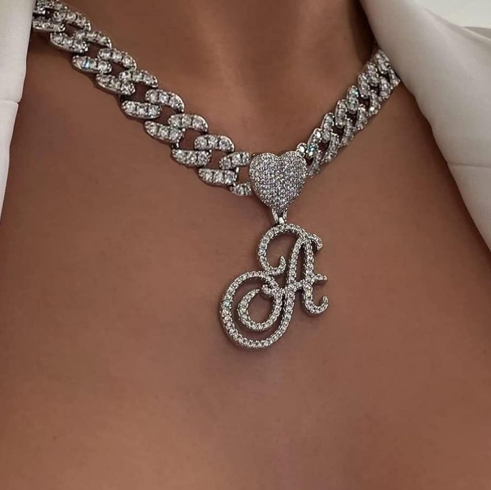 Initial Necklaces Silver Cuban Link Chain for Women Iced Out Chain with Heart
